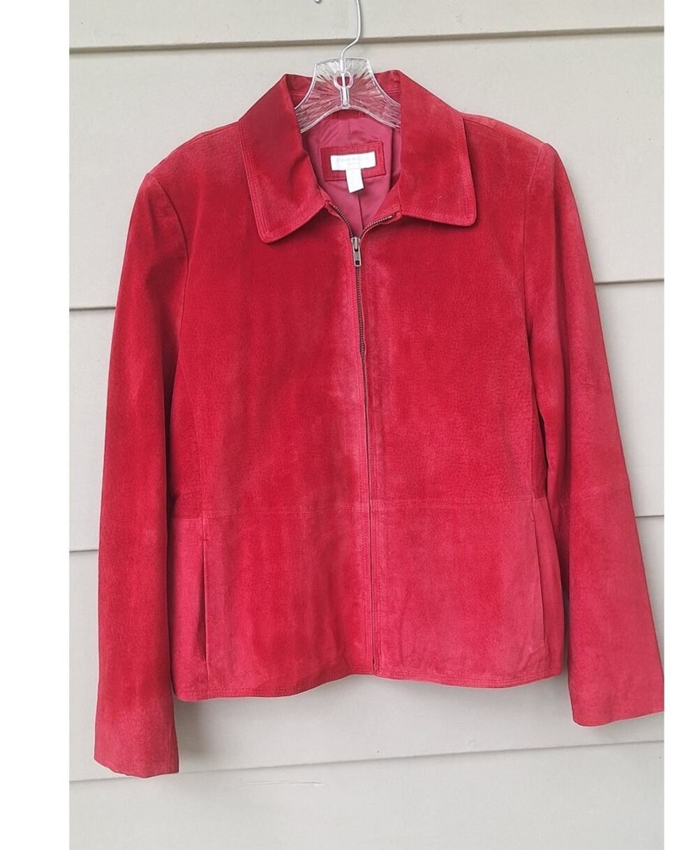Charter Club Women's Red Suede Genuine Leather Jacket Zipper Preppy Work Size L